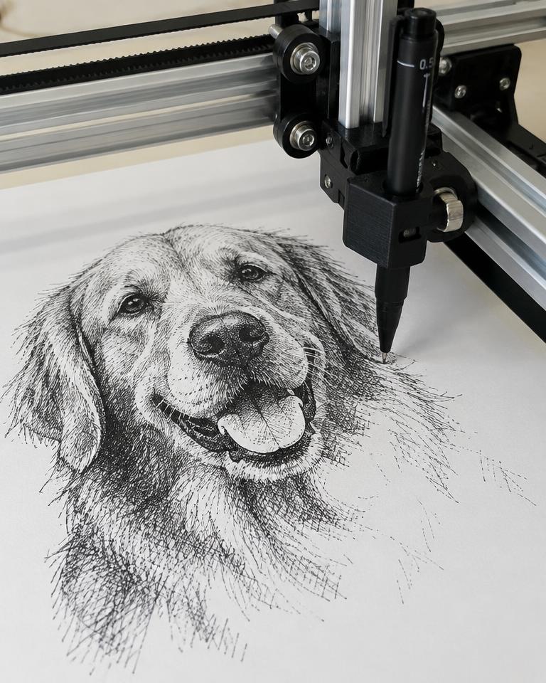 Pen plotter drawing a dog portrait in ink